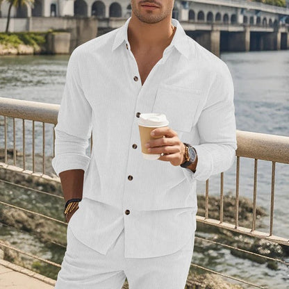 Men’s Long Sleeve Shirt – Slim Fit – Cotton Feel – Button-Up – Vertical Striped Design