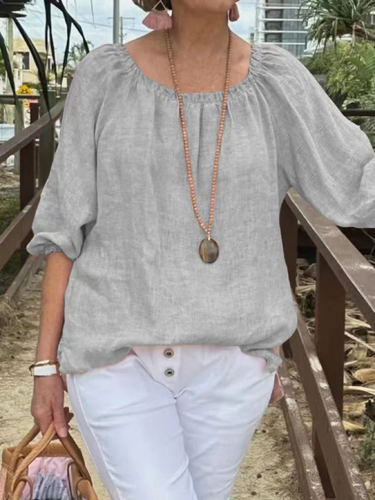 Women’s Pullover Top – Cotton Linen – Relaxed Fit – Mid Sleeve – Round Neck Casual Wear