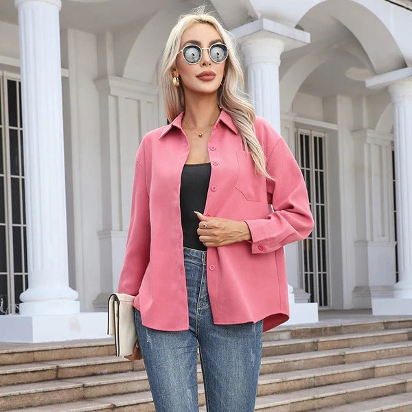 Women's Blouse - Suede - Relaxed Fit - Collared Neckline - Button-Up Front