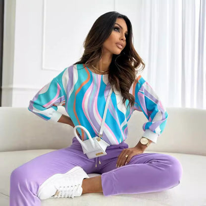 Women’s Long Sleeve Top – Relaxed Fit – Cotton Blend – Abstract Print – Round Neck