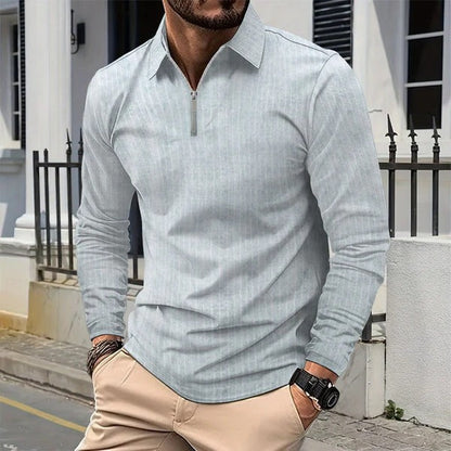 Men’s Long Sleeve Shirt – Slim Fit – Standing Collar – Zipper Front – Cotton