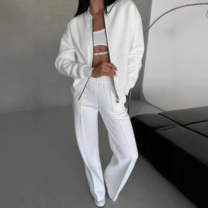 Women’s Two-Piece Set – Cropped Bomber Jacket – Relaxed Fit – Wide-Leg Drawstring Pants