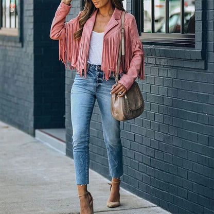 Women’s Tailored Jacket – Suede Look – Fringe Detail – Hip Length – Casual Fit