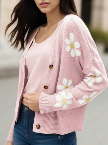 Women’s Knitted Cardigan – Oversized Fit – Wool Blend – Floral Pattern – Button Front