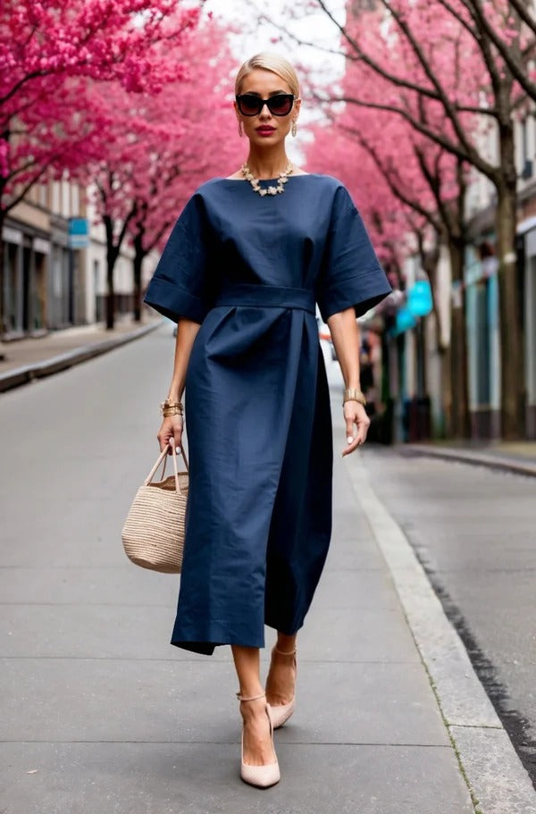 Women’s Wrap Dress – Tailored Fit – Midi Length – Broad Sleeve – Cotton Blend