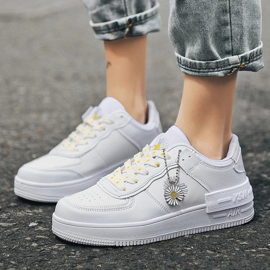 Women’s Low-Top Sneakers – Leather Look – Cushioned Sole – Removable Charm – Breathable
