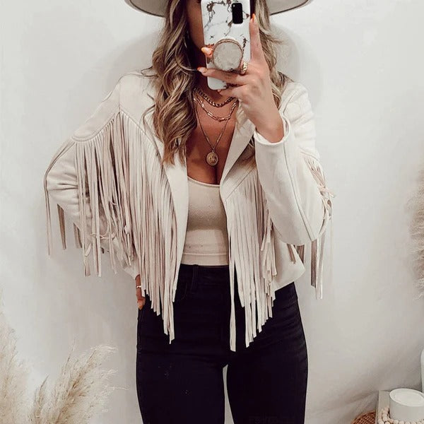 Women’s Tailored Jacket – Suede Look – Fringe Detail – Hip Length – Casual Fit