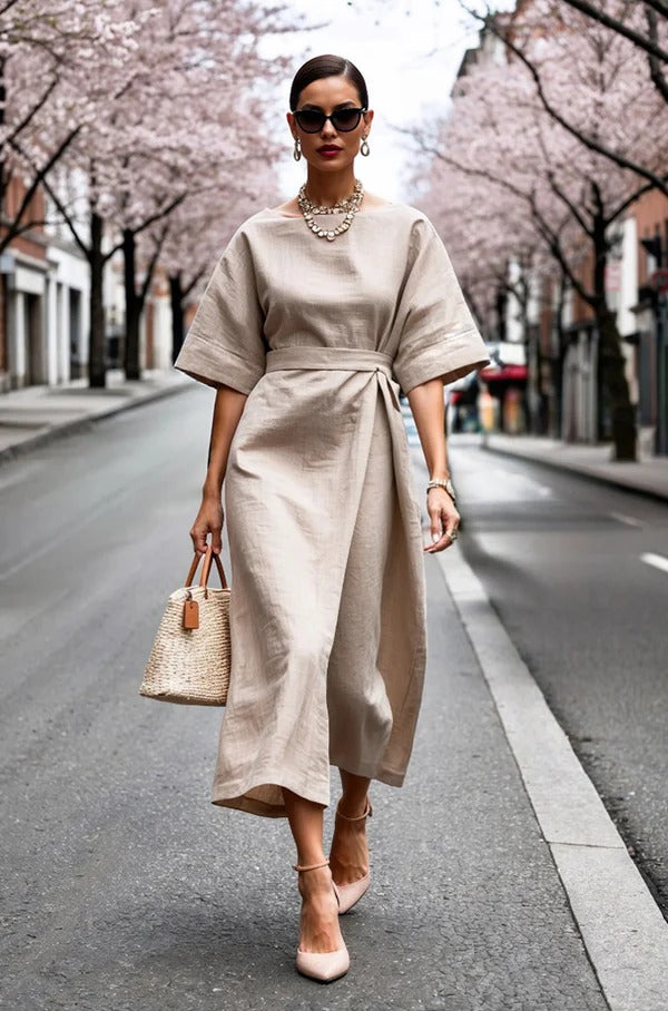 Women’s Wrap Dress – Tailored Fit – Midi Length – Broad Sleeve – Cotton Blend