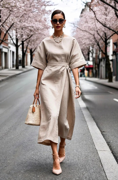 Women’s Wrap Dress – Tailored Fit – Midi Length – Broad Sleeve – Cotton Blend