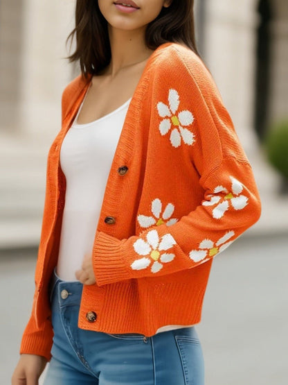 Women’s Knitted Cardigan – Oversized Fit – Wool Blend – Floral Pattern – Button Front