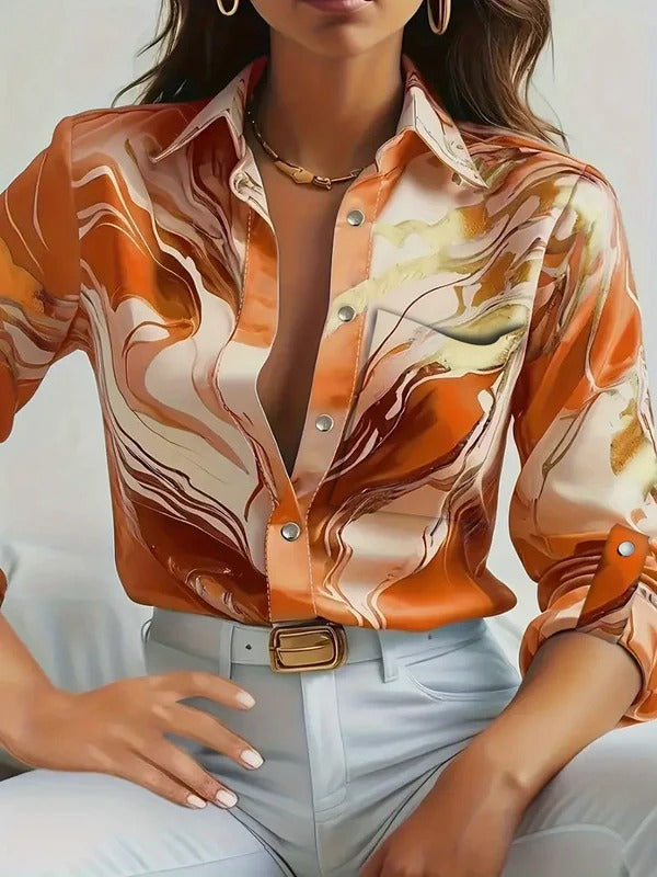 Women’s Blouse – Tailored Fit – Button-Up – Silk – Abstract Marble Print