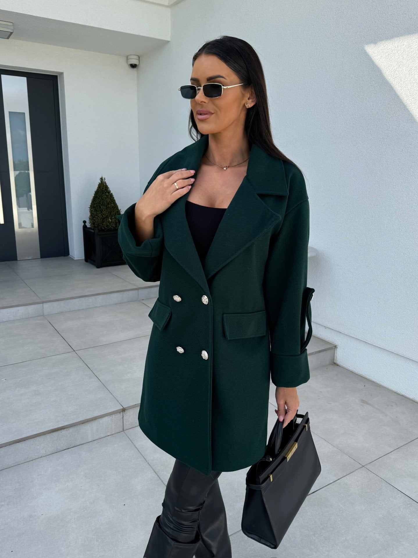 Women’s Wool Coat – H-Line Fit – Double-Breasted – Blazer Collar – Knee Length