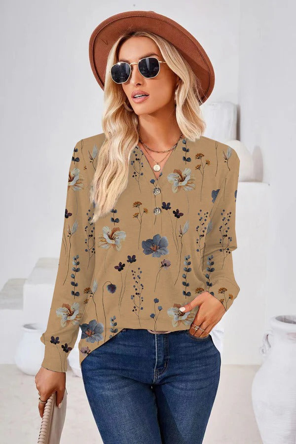 Women's Blouse - Relaxed Fit - V-Neck - Long Sleeve - Floral - Button Detail