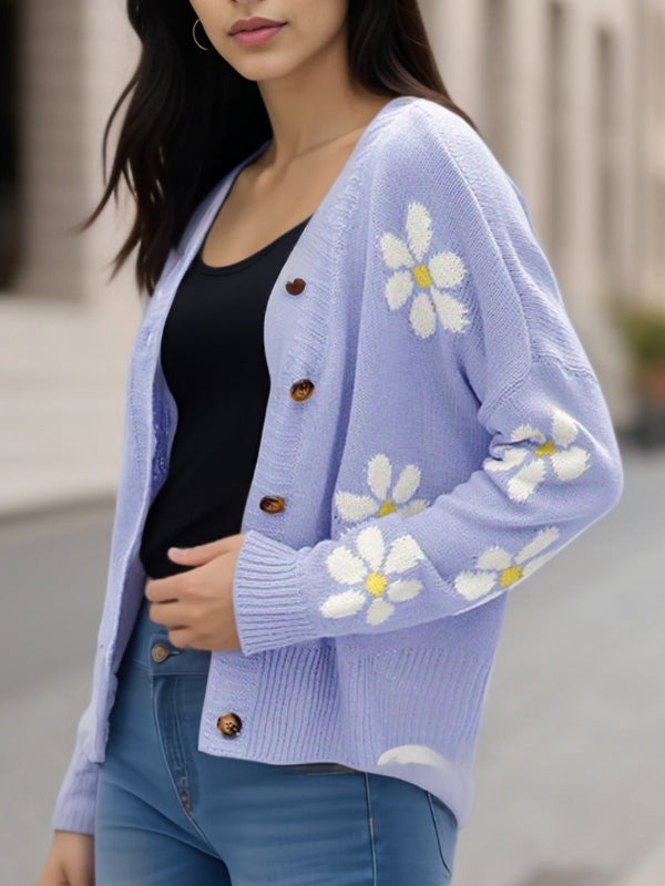 Women’s Knitted Cardigan – Oversized Fit – Wool Blend – Floral Pattern – Button Front