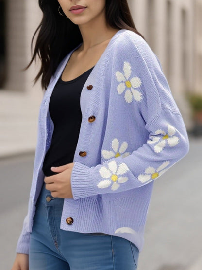 Women’s Knitted Cardigan – Oversized Fit – Wool Blend – Floral Pattern – Button Front