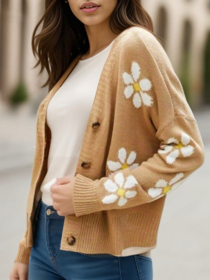 Women’s Knitted Cardigan – Oversized Fit – Wool Blend – Floral Pattern – Button Front