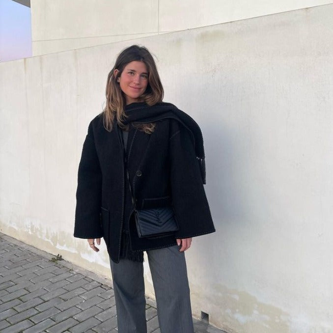 Women’s Wool Coat – Oversized Fit – Button Front – Scarf Detail – Piped Edges