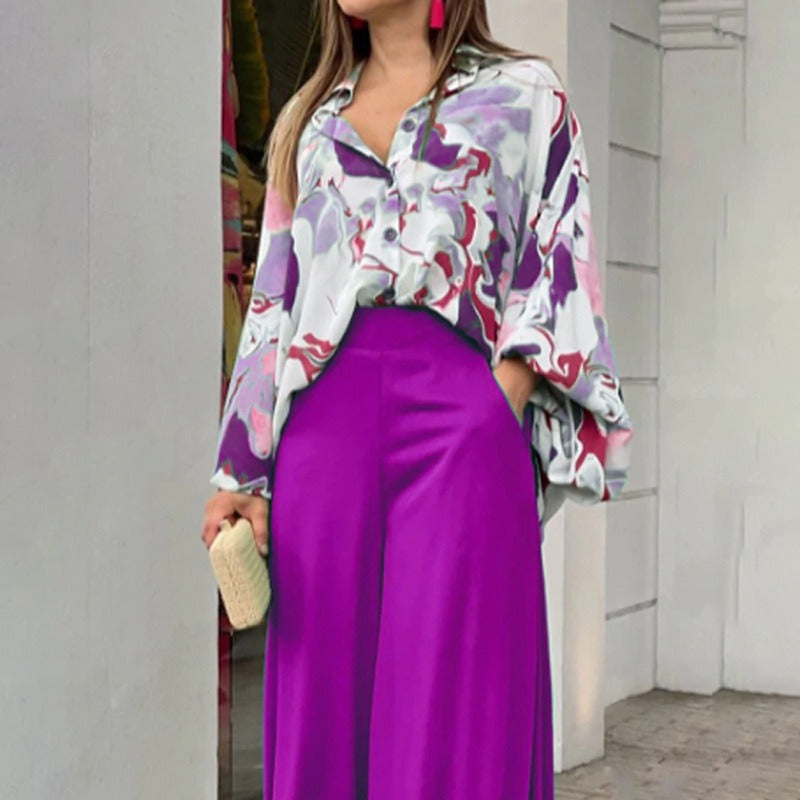 Women’s Wide-Leg Pants Set – Relaxed Fit – High Waist – Silky Soft Draped Fabric