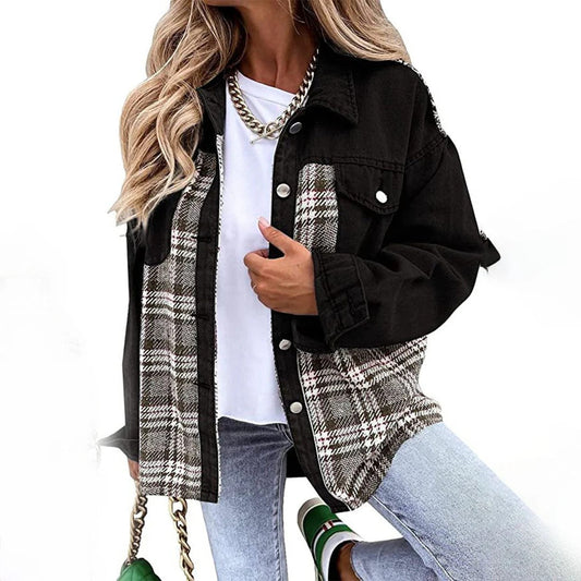 Women’s Jacket – Relaxed Fit – Wool Plaid Panels – Button Front – Hip Length – Casual