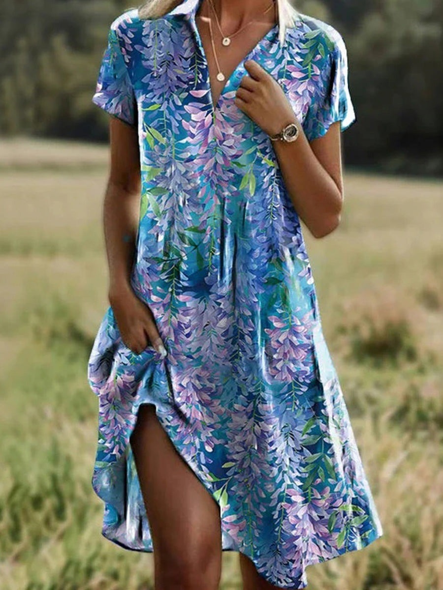 Women’s Mini Dress – V-Neck – Short Sleeve – Relaxed Fit – Floral Print – Breathable Blend