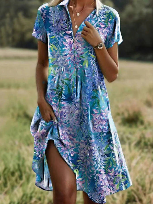 Women’s Mini Dress – V-Neck – Short Sleeve – Relaxed Fit – Floral Print – Breathable Blend