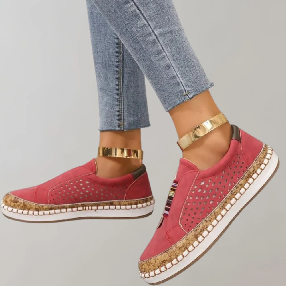 Women’s Loafers – Slip-On Comfort – Perforated Upper – Cushioned Cork-Look Sole