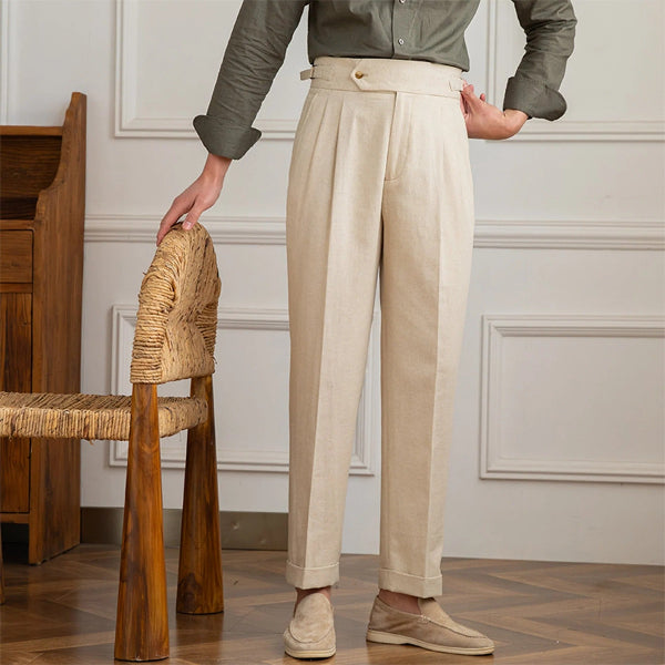 Men’s Tailored Trousers – High Waist – Pleated Front – Side Adjusters – Turned-Up Cuffs