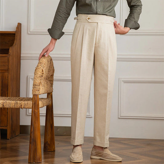 Men’s Tailored Trousers – High Waist – Pleated Front – Side Adjusters – Turned-Up Cuffs