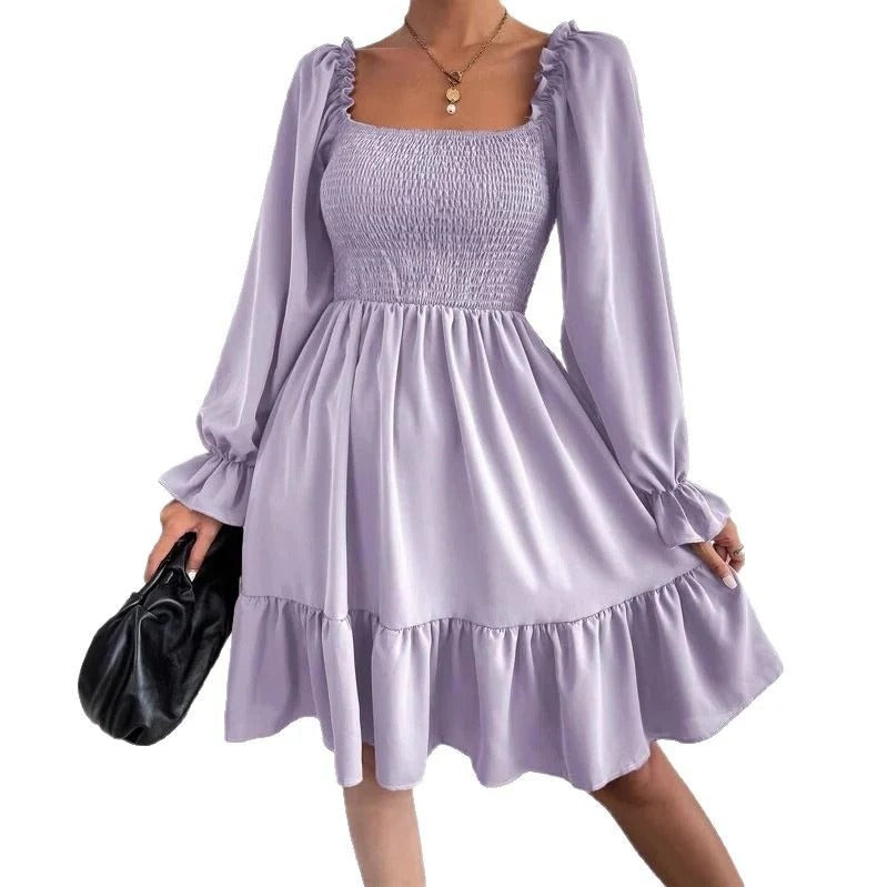 Women’s Mini Dress - Smooth Fabric - Square Neck - Puff Long Sleeves - Smocked Bodice