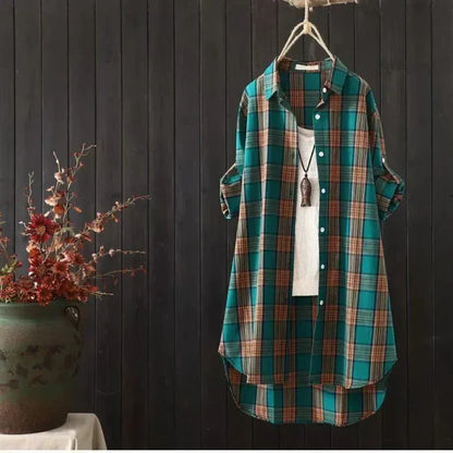 Women’s Plaid Shirt – Oversized Fit – Button Down – Mid Length Cotton – Casual Layer