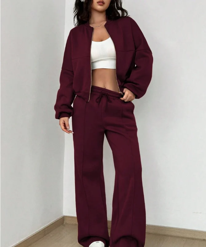 Women’s Two-Piece Set – Cropped Bomber Jacket – Relaxed Fit – Wide-Leg Drawstring Pants