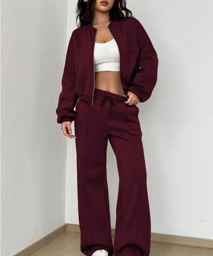 Women’s Two-Piece Set – Cropped Bomber Jacket – Relaxed Fit – Wide-Leg Drawstring Pants