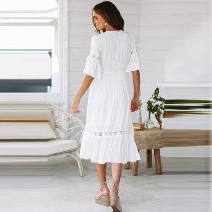 Women’s Midi Dress – Cotton – V-Neck – Crochet Trim – Flowy Fit – Tiered Hem