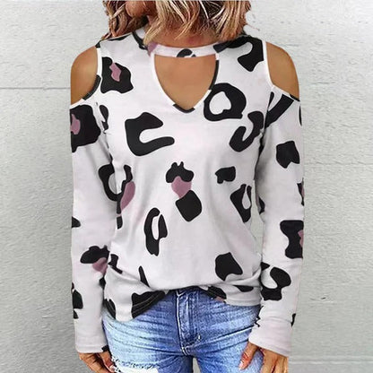 Women’s Long Sleeve Shirt - Relaxed Fit - Crew Neckline Keyhole - Cold Shoulder