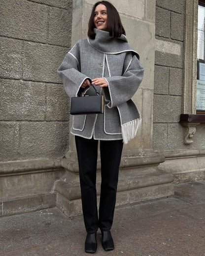 Women’s Wool Coat – Oversized Fit – Button Front – Scarf Detail – Piped Edges