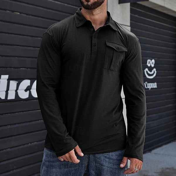 Men’s Polo Shirt – Cotton Knit – Slim Fit – Long Sleeve – Chest Pocket