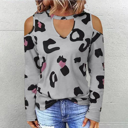 Women’s Long Sleeve Shirt - Relaxed Fit - Crew Neckline Keyhole - Cold Shoulder