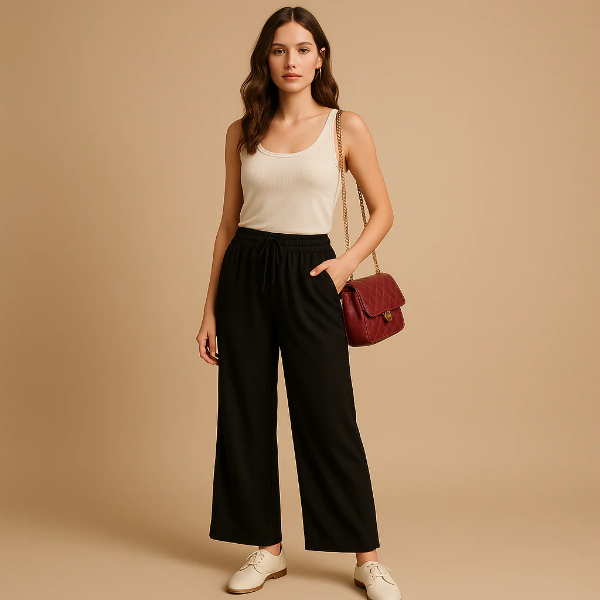 Women’s Trousers – Relaxed Fit – Cotton – Drawstring Waist – Full Length Casual Wear