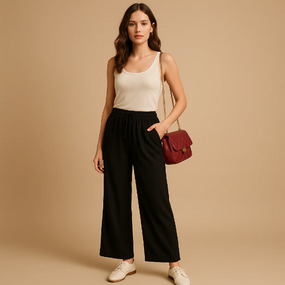 Women’s Trousers – Relaxed Fit – Cotton – Drawstring Waist – Full Length Casual Wear