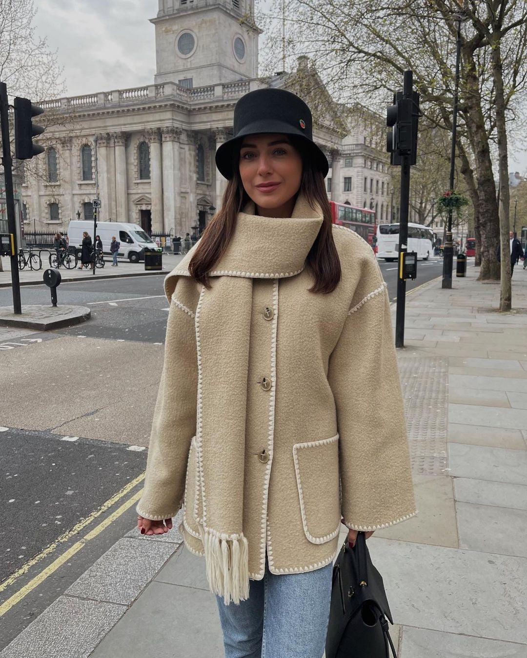 Women’s Wool Coat – Oversized Fit – Button Front – Scarf Detail – Piped Edges