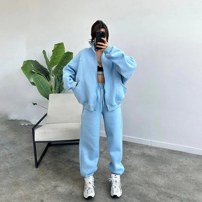 Women’s Two-Piece Set – Cotton Blend – Relaxed Fit – Stand Collar Zip Sweatshirt & Joggers