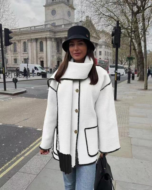Women’s Wool Coat – Oversized Fit – Button Front – Scarf Detail – Piped Edges