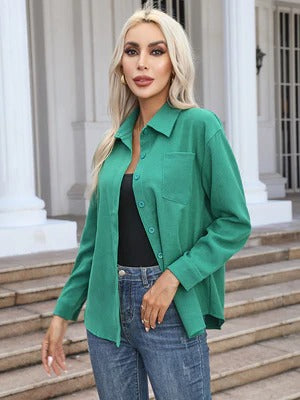 Women's Blouse - Suede - Relaxed Fit - Collared Neckline - Button-Up Front