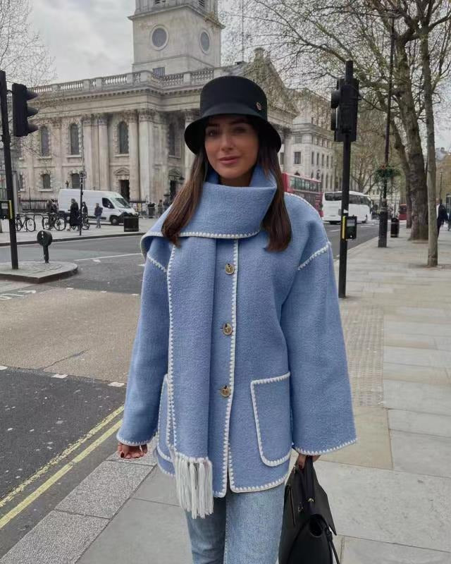 Women’s Wool Coat – Oversized Fit – Button Front – Scarf Detail – Piped Edges