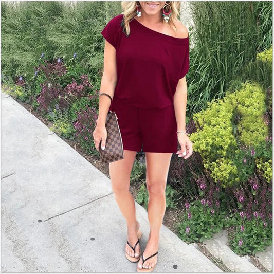 Women’s Romper – Relaxed Fit – Off-Shoulder – Short Sleeve Cotton Blend Casual Wear