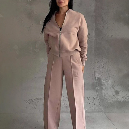 Women’s Two-Piece Set – Cropped Bomber Jacket – Relaxed Fit – Wide-Leg Drawstring Pants