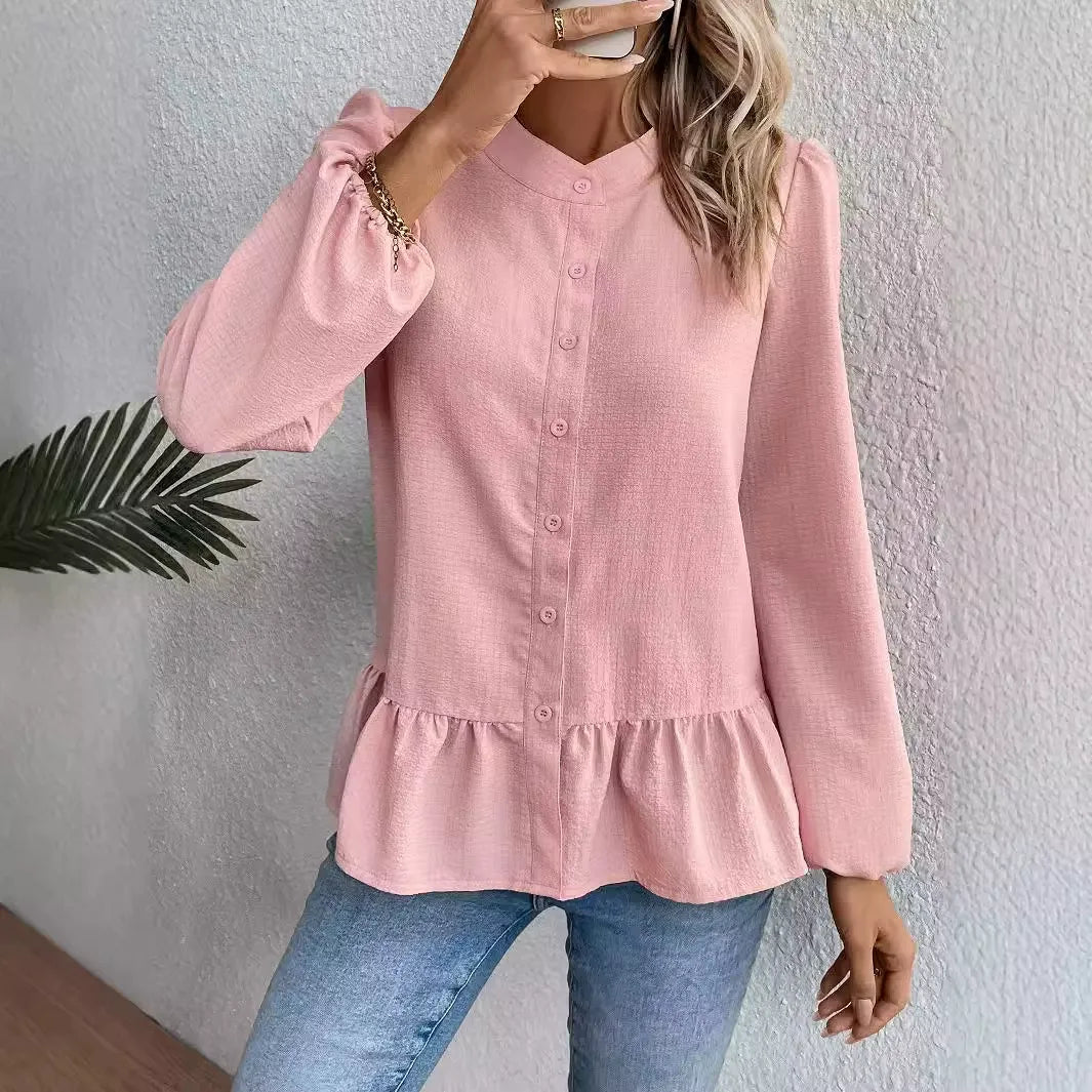 Women’s Blouse – Cotton Blend – Relaxed Fit – Peplum Hem – Button Front – Long Sleeve