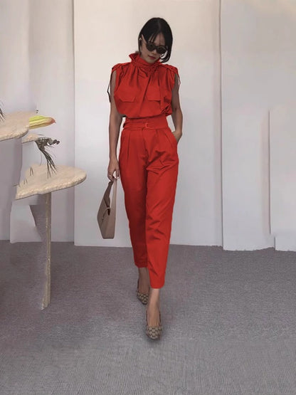 Women’s Two-Piece Set – Sleeveless Top – Relaxed Fit – U-Neck – Ruffle Detail – High-Waist Wide-Leg Pants