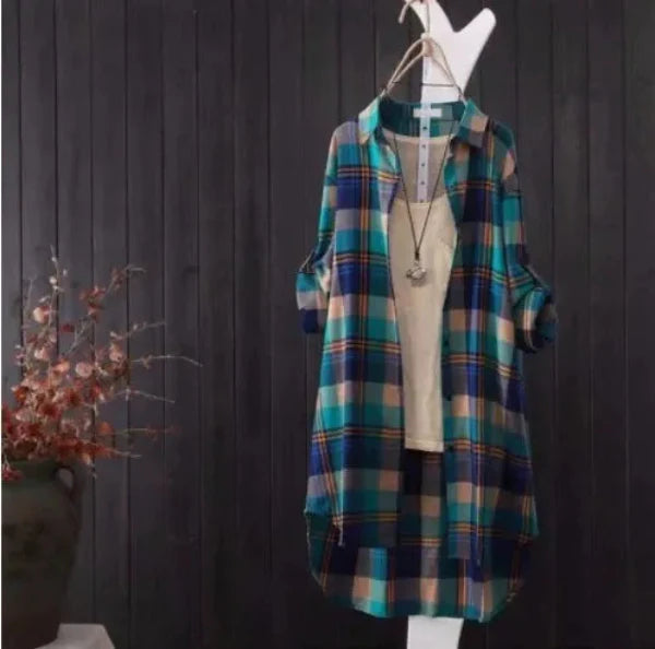 Women’s Plaid Shirt – Oversized Fit – Cotton – Long Sleeve Tunic – Button Down