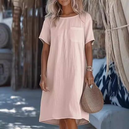 Women’s Midi Dress – Cotton Linen – Relaxed Fit – Round Neck – Short Sleeve Pocket
